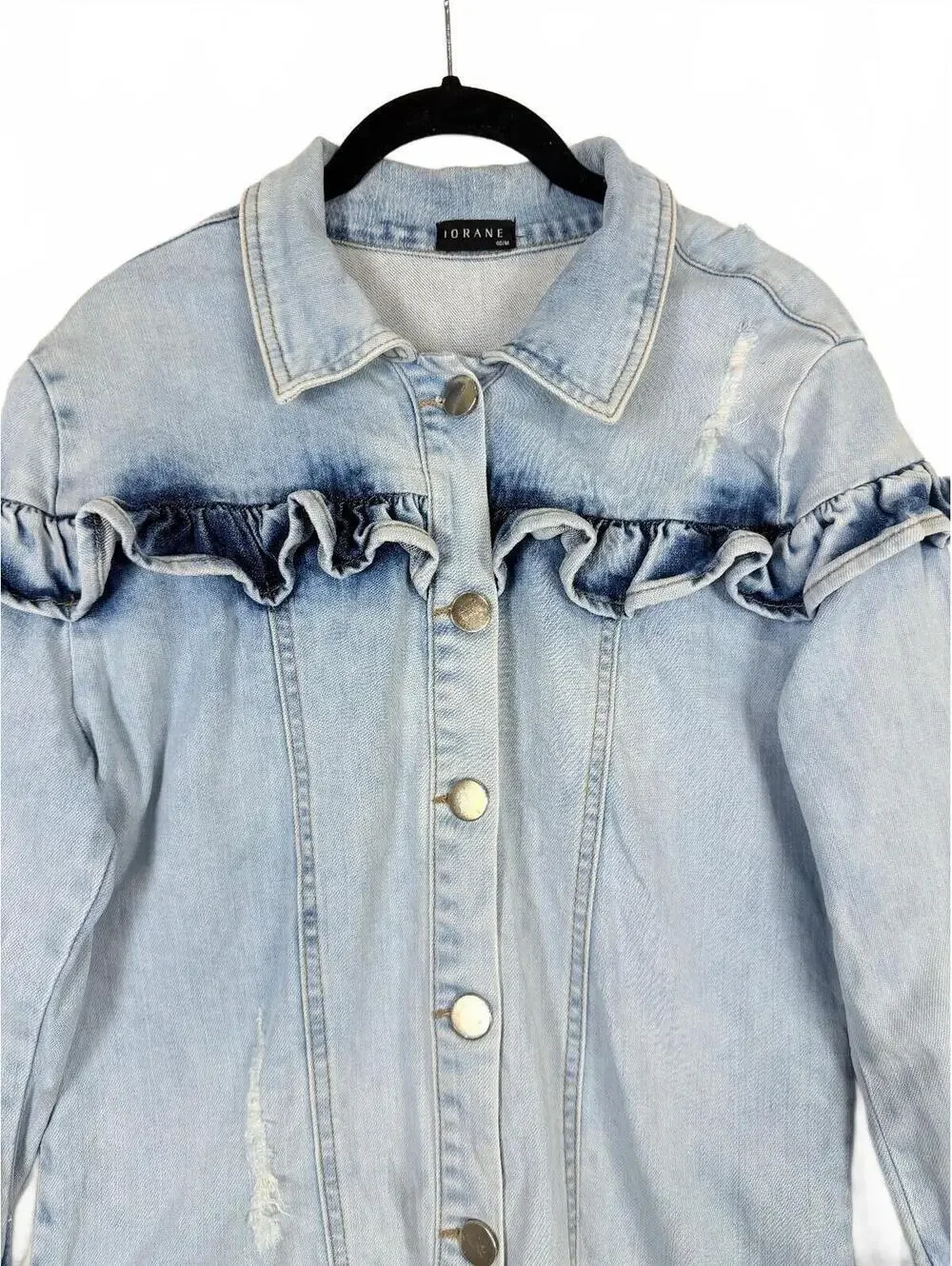 Iorane Size 40/ Medium Light Wash Ruffle Denim Jacket Bell Sleeve Jean Jacket
